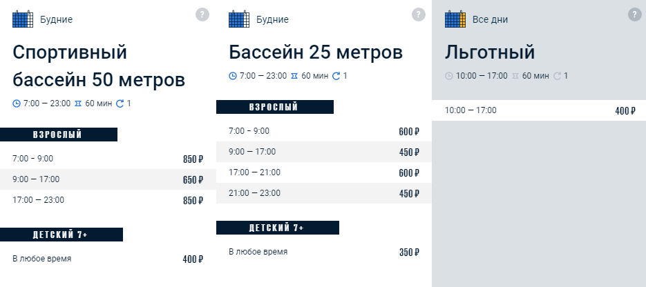 Стоимость в будни (Спортивный бассейн):